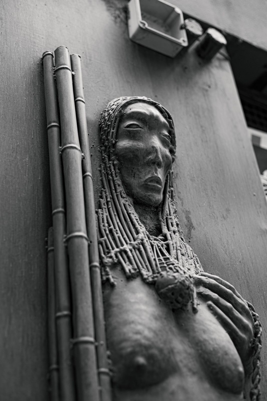 Vendimia Indígena, detalle en blanco y negro del relieve de la figura con cañas